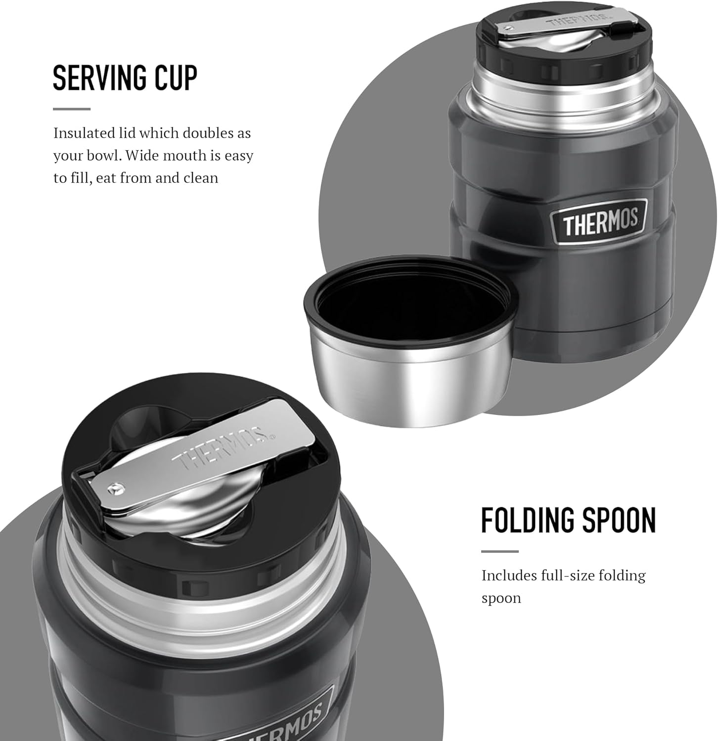 Thermos Stainless King matte black food flask 470ml with serving cup and spoon