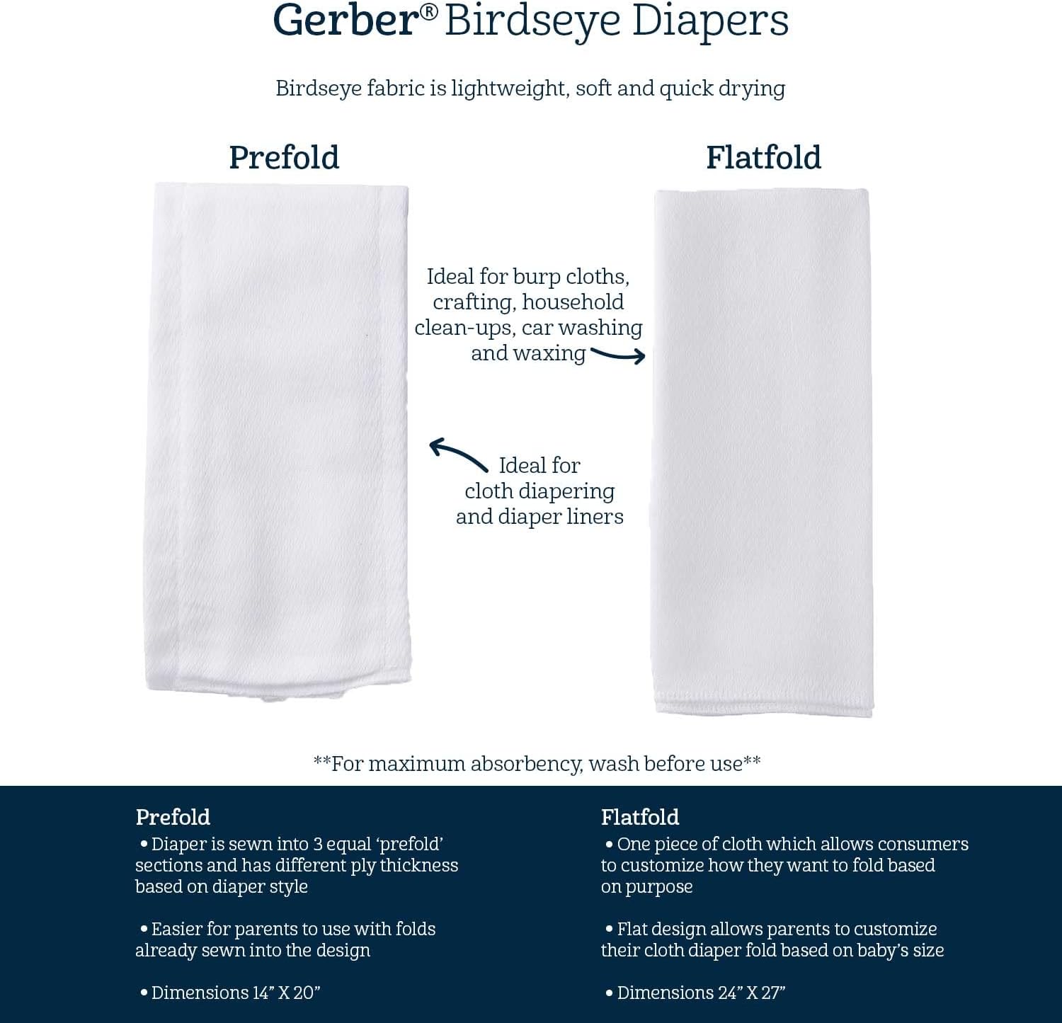 Gerber Birdseye white cloth diapers pack of 10 prefold and flatfold