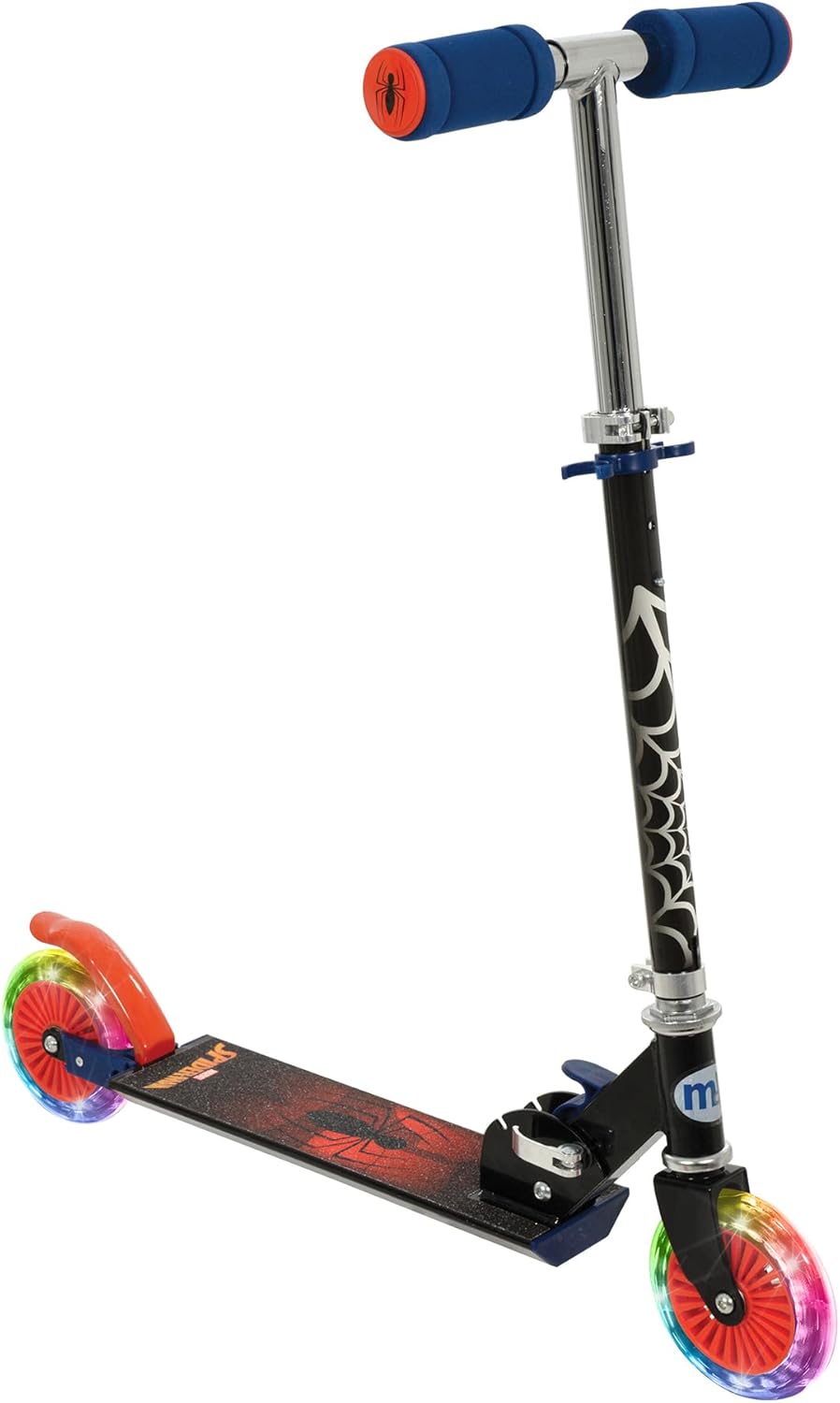 Marvel Spider-Man folding in-line scooter with light-up wheels, blue and black