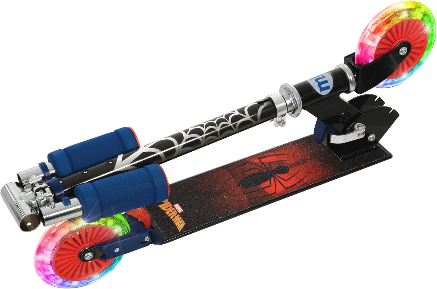 Marvel Spider-Man folding in-line scooter with light-up wheels and blue handlebar grips