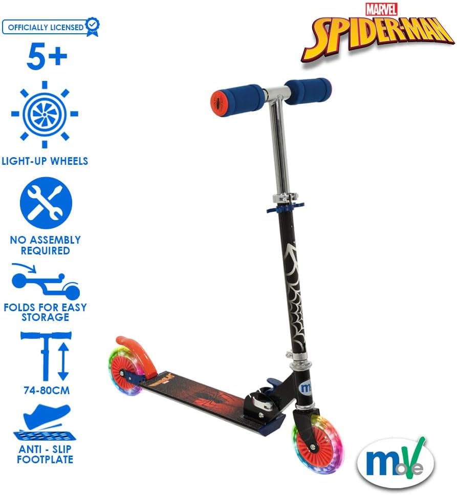 Marvel Spider-Man folding in-line scooter with light-up wheels, blue handles