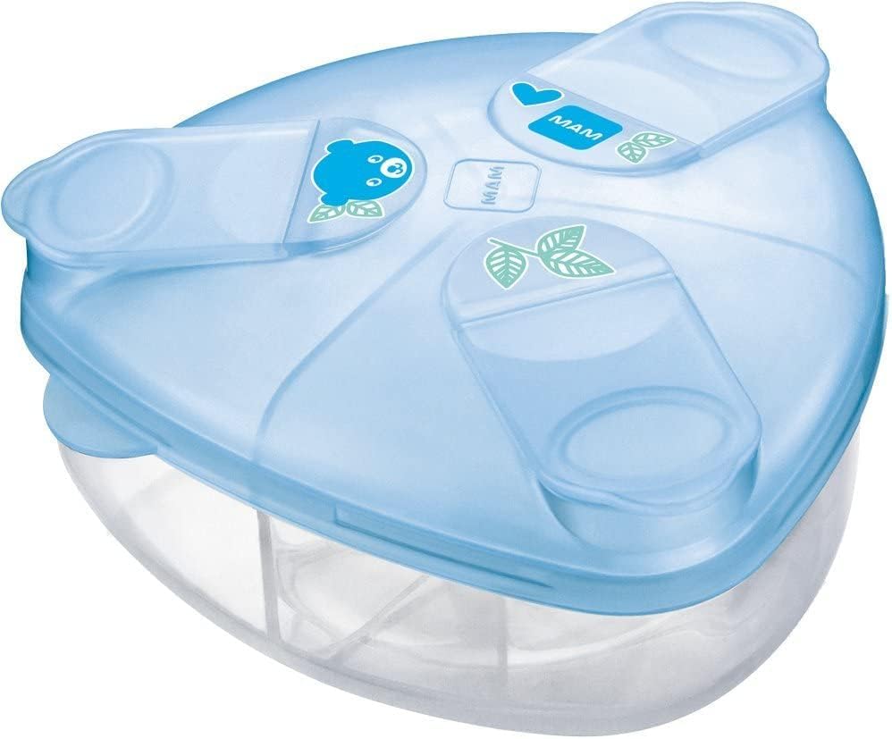 MAM milk powder box in blue with multiple storage compartments