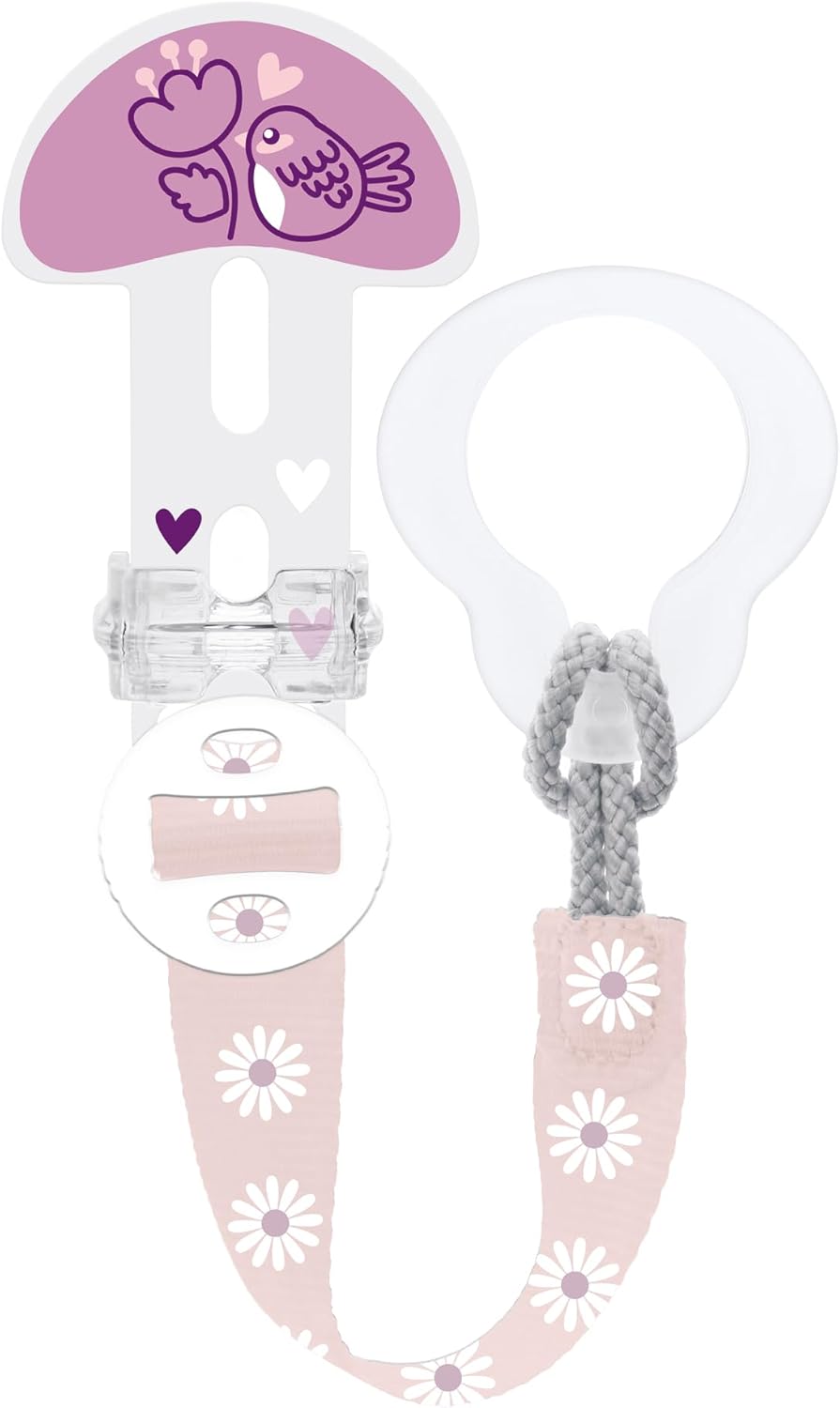 MAM Style Clip pink paci holder two-pack with bird and daisy design