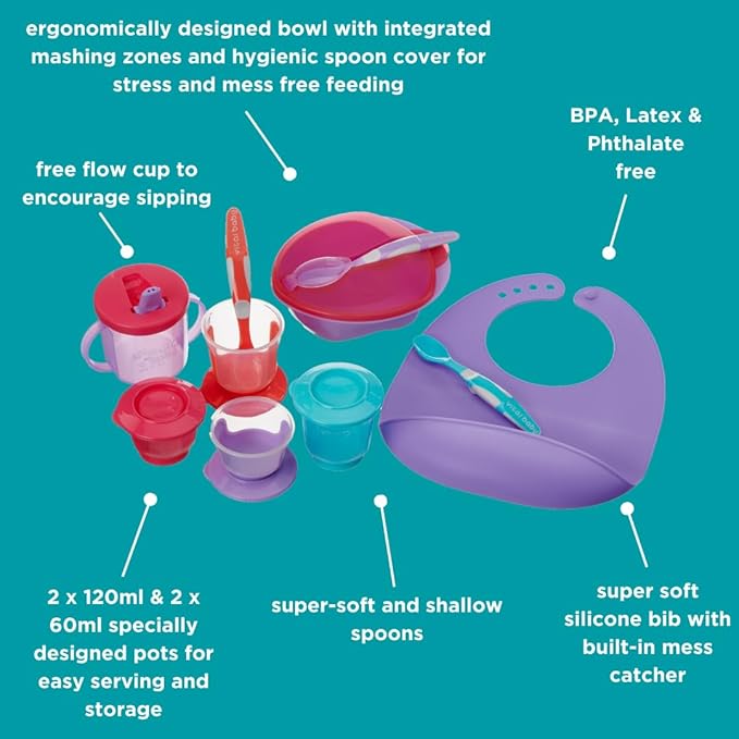 Vital Baby Nourish Complete Baby Weaning Kit, 10-piece set, pink and purple