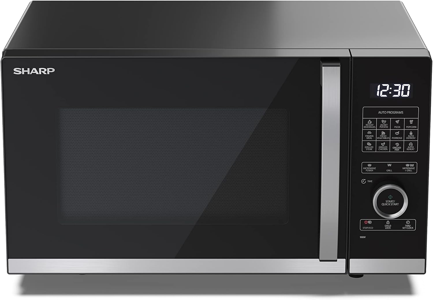 Sharp black microwave oven with 900W microwave and 1000W grill function
