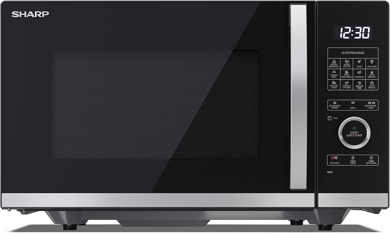 Sharp black microwave oven with 900W power and 1000W grill function