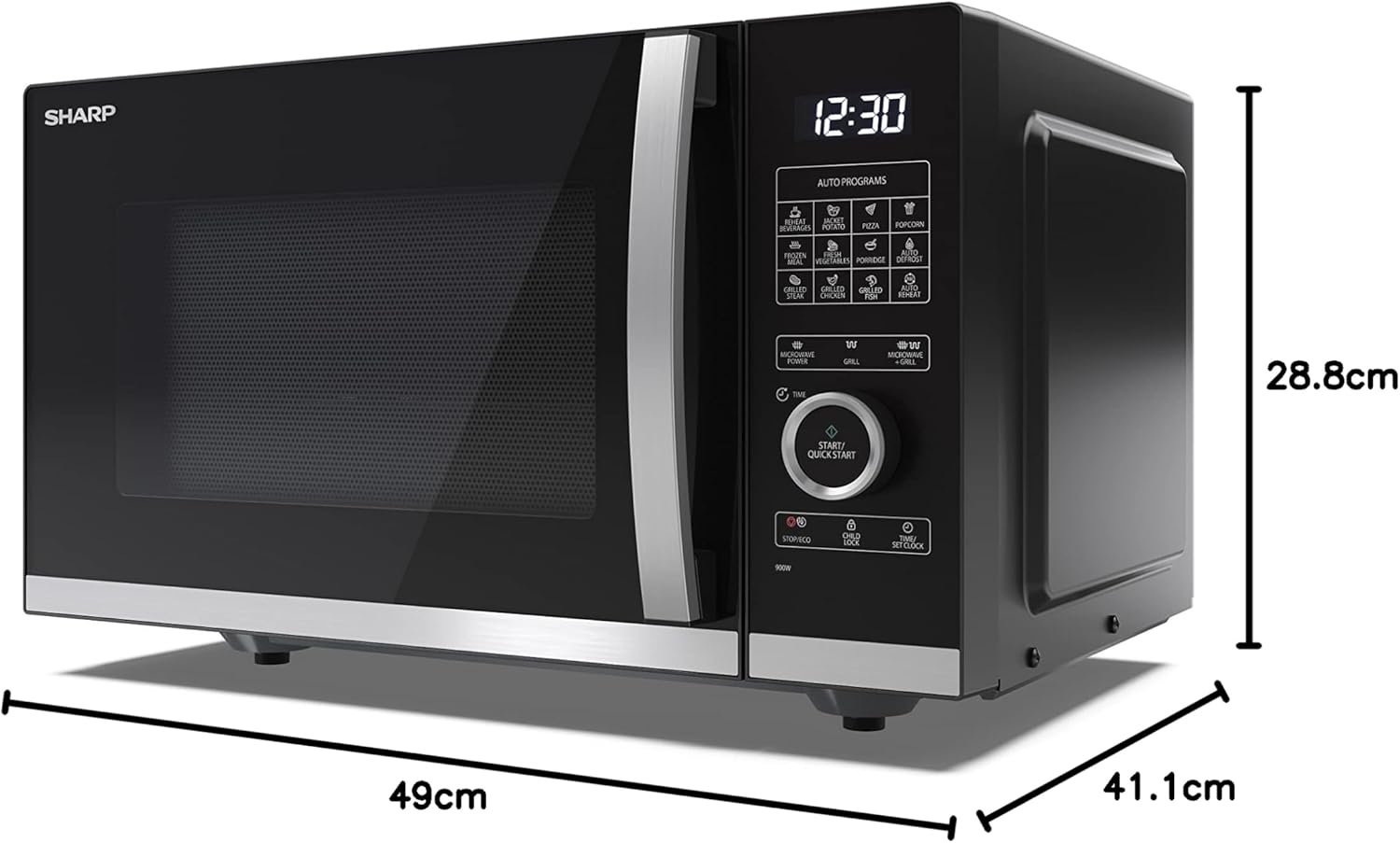 Sharp black microwave oven with 900W microwave and 1000W grill function