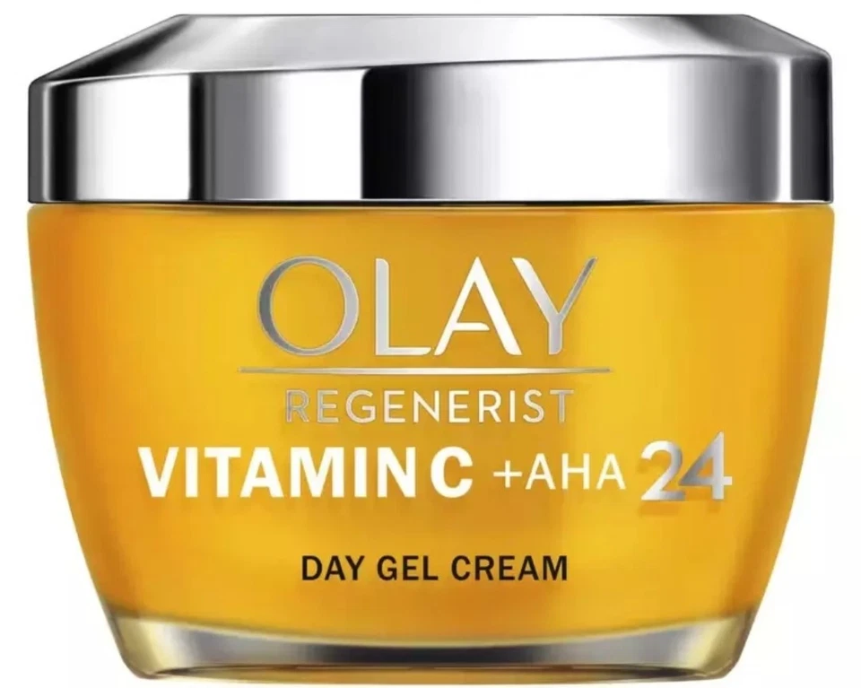 Olay Regenerist Vitamin C plus AHA24 yellow day gel cream jar with silver lid