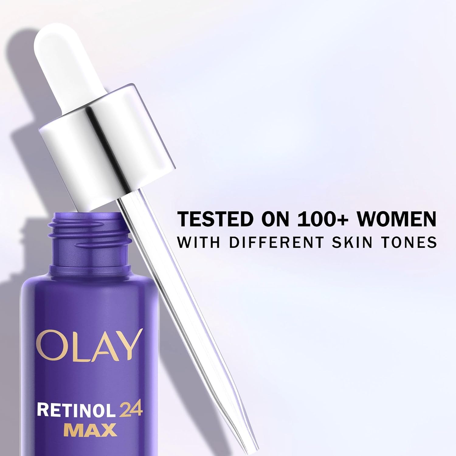 Olay Retinol 24 MAX night serum, purple bottle with dropper