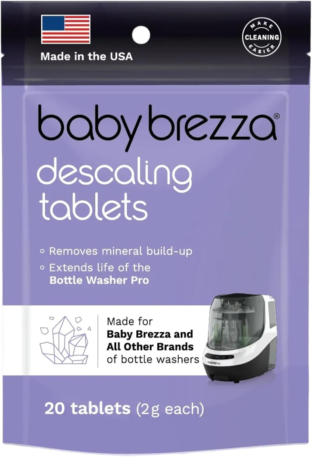 Baby Brezza descaling tablets for bottle washer, purple packet, 20 tablets