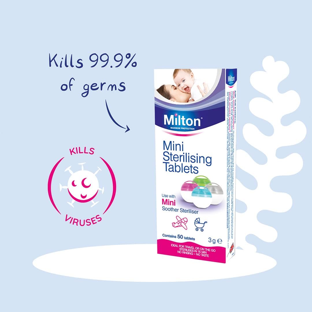 Milton Mini Sterilising Tablets 50 pack box with coloured dome containers
