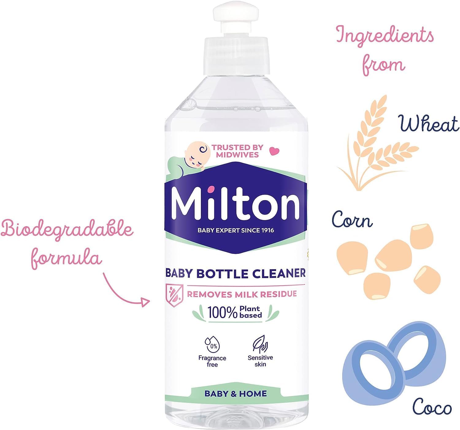 Milton Baby Bottle Cleaner 500ml clear liquid with white pump dispenser