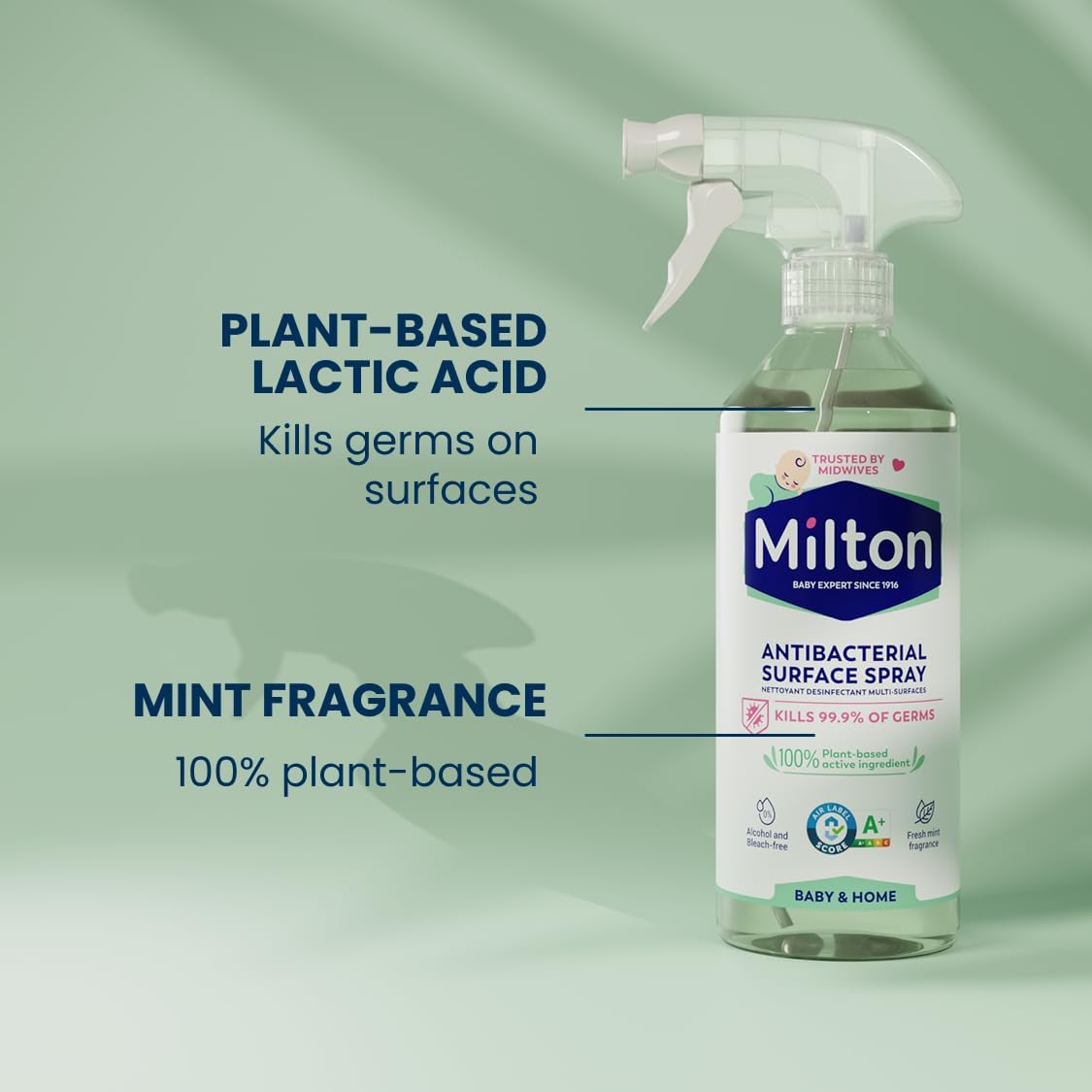 Milton Antibacterial Surface Spray 500ml with plant-based lactic acid and mint fragrance