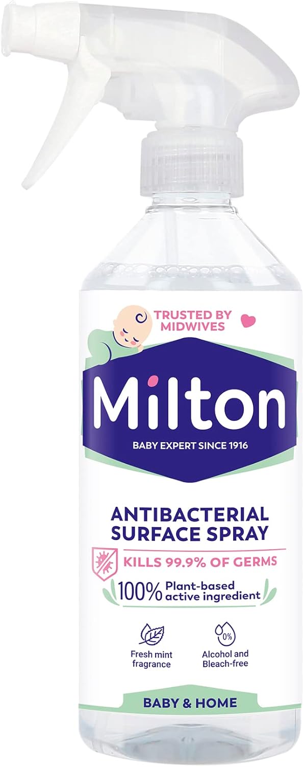 Milton Antibacterial Surface Spray 500ml clear trigger bottle with navy and white label