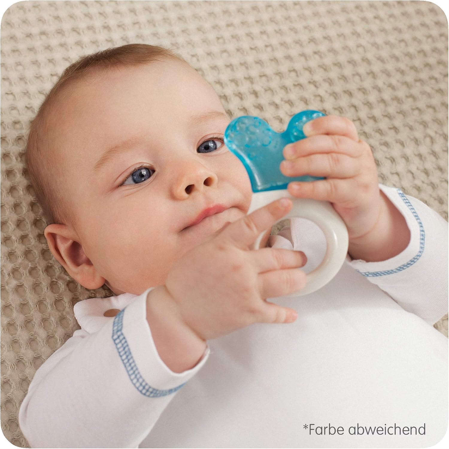 MAM Mini Cooler & Clip teething toy, blue and white with clip attachment