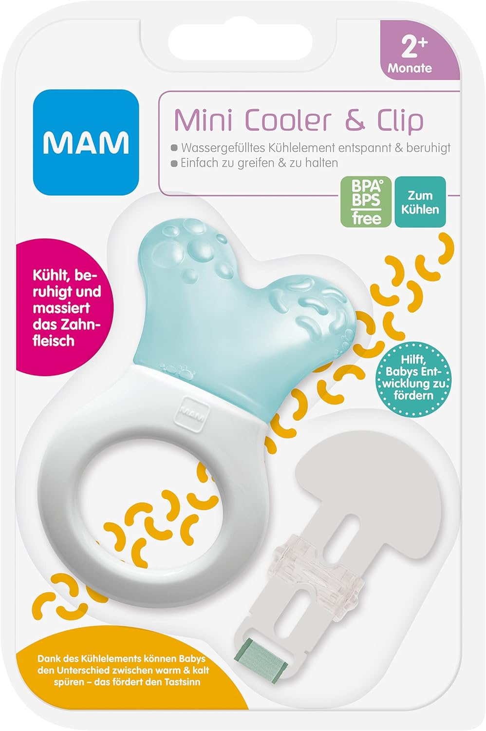 MAM Mini Cooler & Clip teething toy with water-filled cooling element, light blue