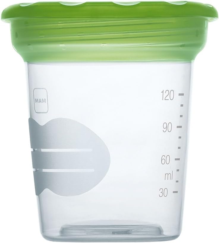 MAM green and white 120ml storage pot with measurement markings