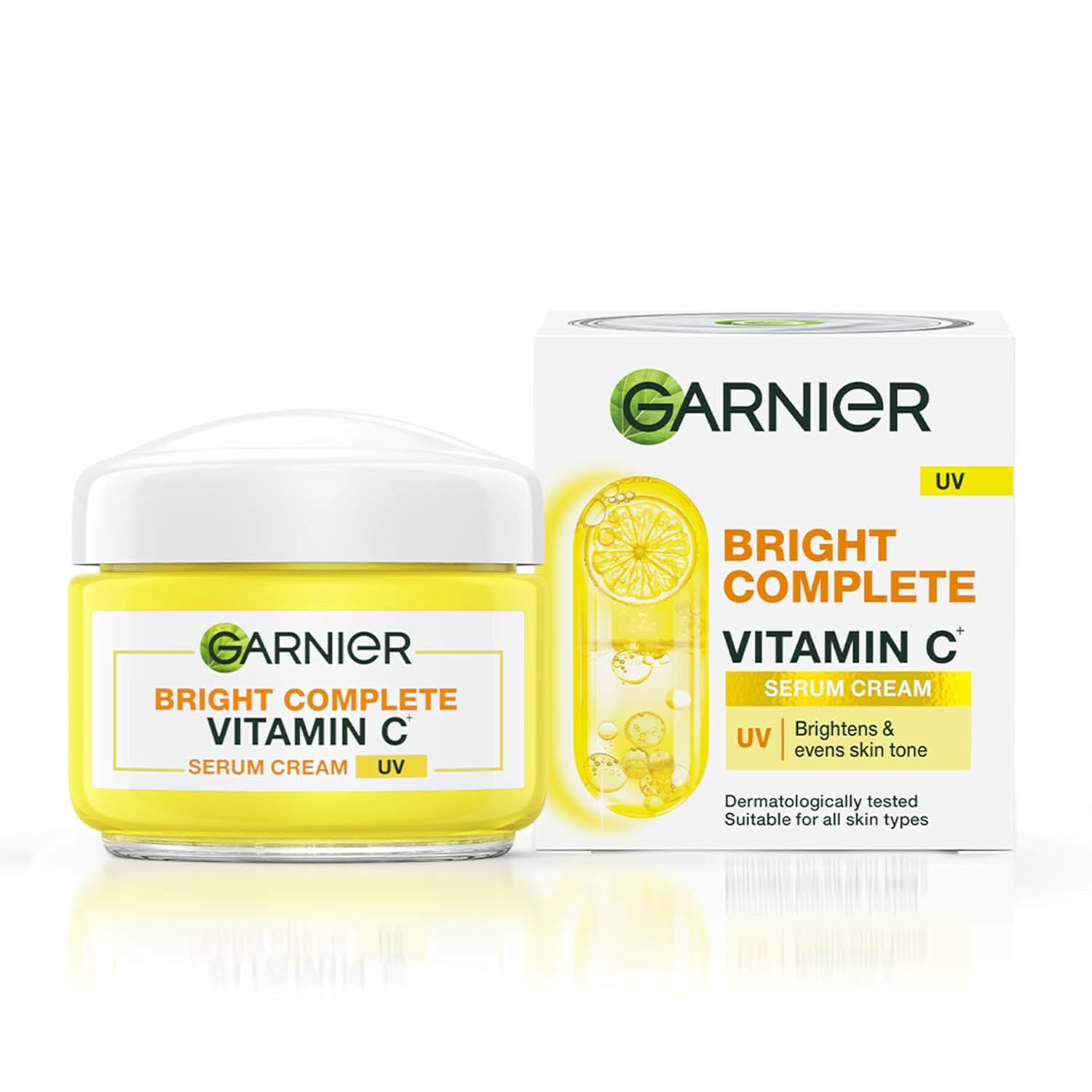 Garnier Bright Complete Vitamin C Serum Cream with UV protection in yellow jar