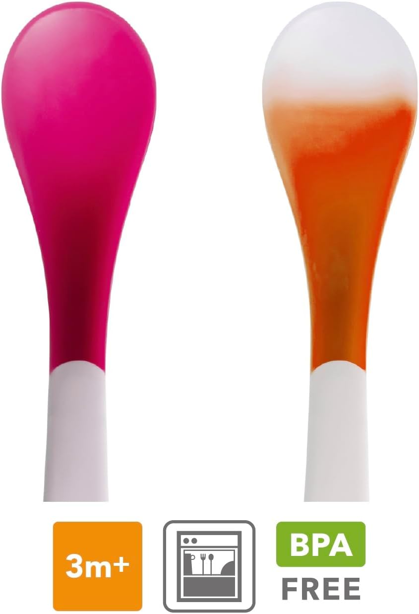 Munchkin White Hot Safety Spoons four-pack pink and orange colour-changing feeding spoons
