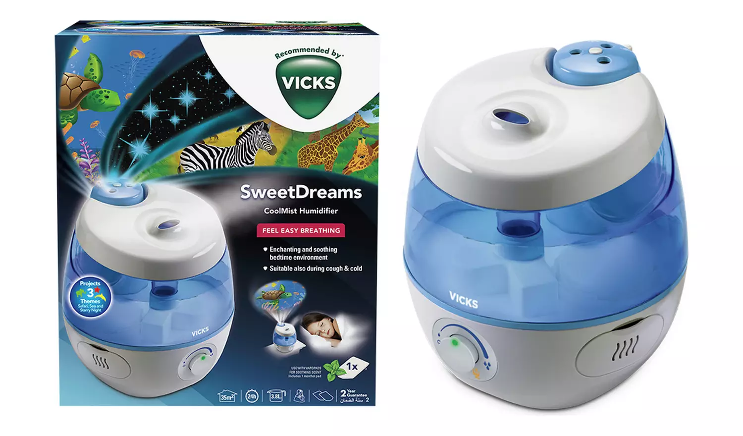 Vicks SweetDreams Cool Mist Humidifier with blue and white design
