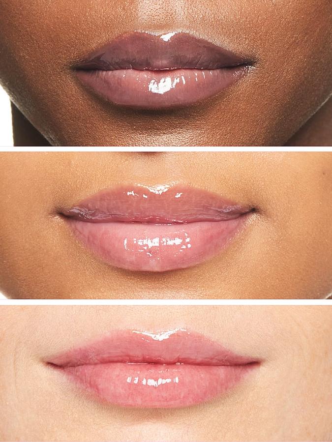 Victoria's Secret Kiwi Blush Flavor Gloss lip product displayed on three skin tones