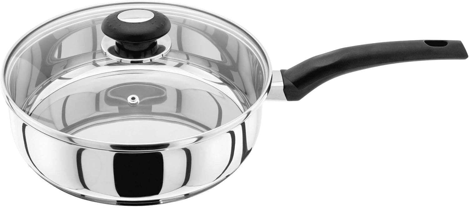 Judge Essentials 24cm stainless steel sauté pan with glass lid and black handle