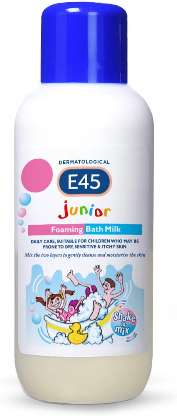 E45 Junior Dermatological Foaming Bath Milk 500ml bottle with blue cap