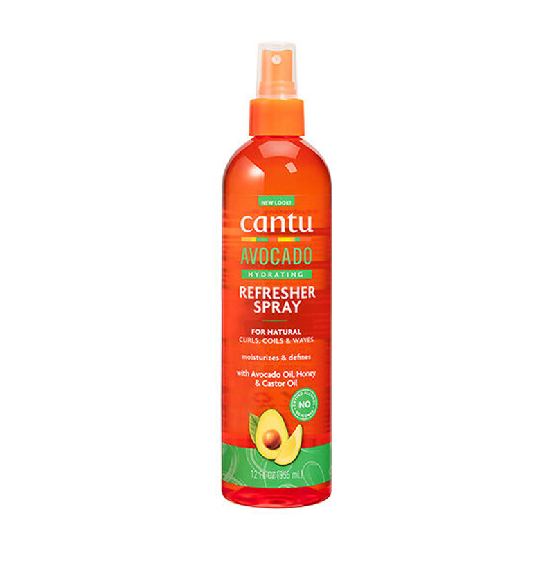 Cantu Avocado Hydrating Refresher Spray 12 fl oz bottle with orange label
