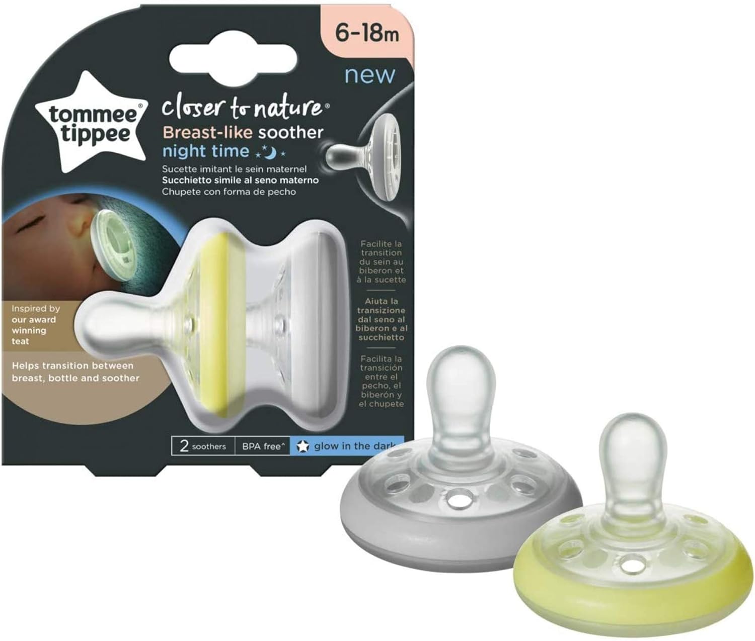 Tommee Tippee Breast-like Night Soother 6-18m, two pack with glow feature