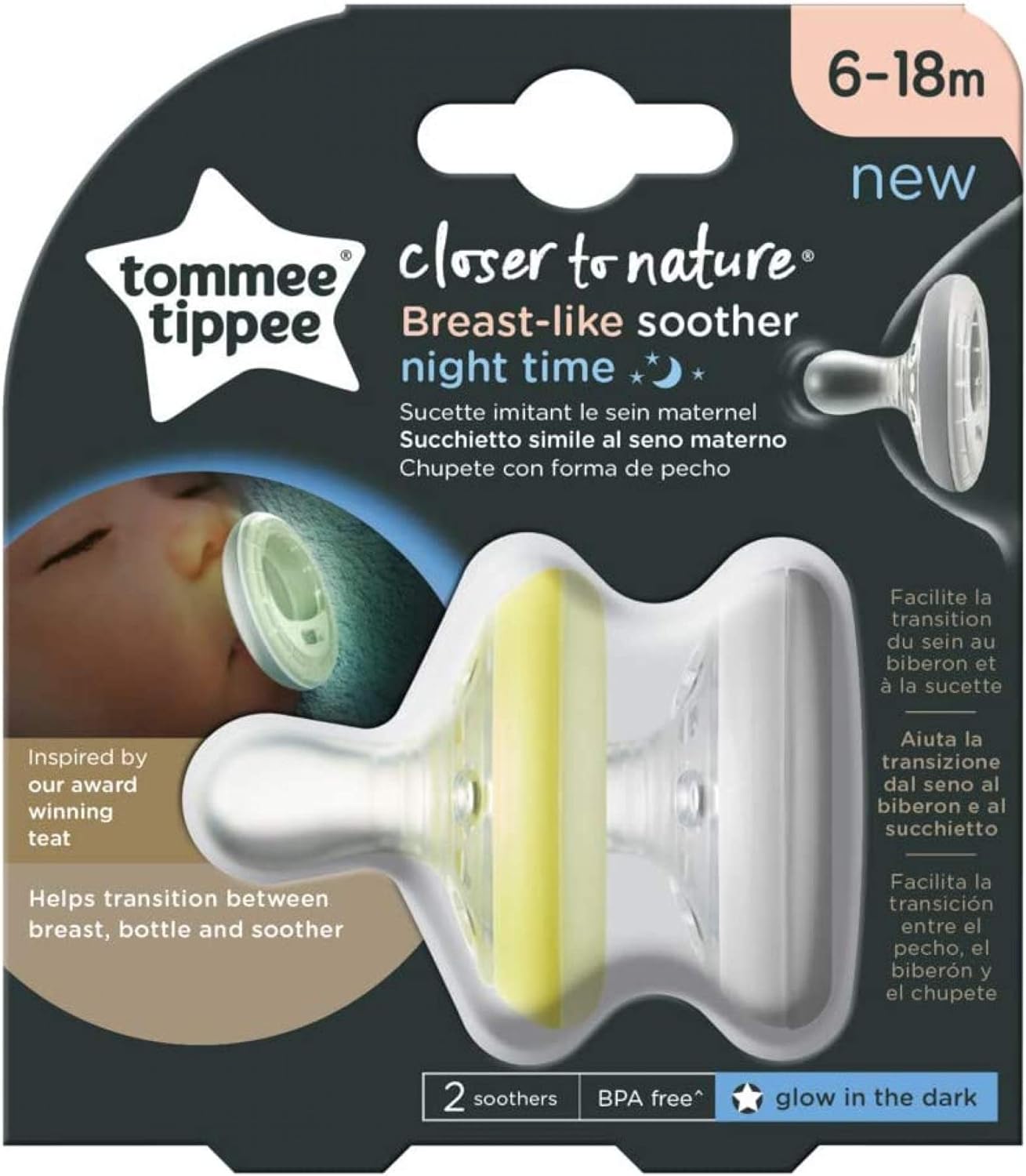 Tommee Tippee Breast-like Night Soother 6-18 months, glow in dark, pack of two