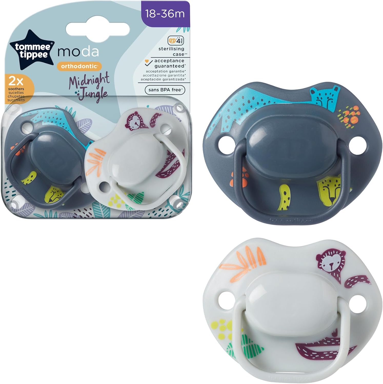 Tommee Tippee Moda orthodontic soothers 18-36 months Midnight Jungle two pack