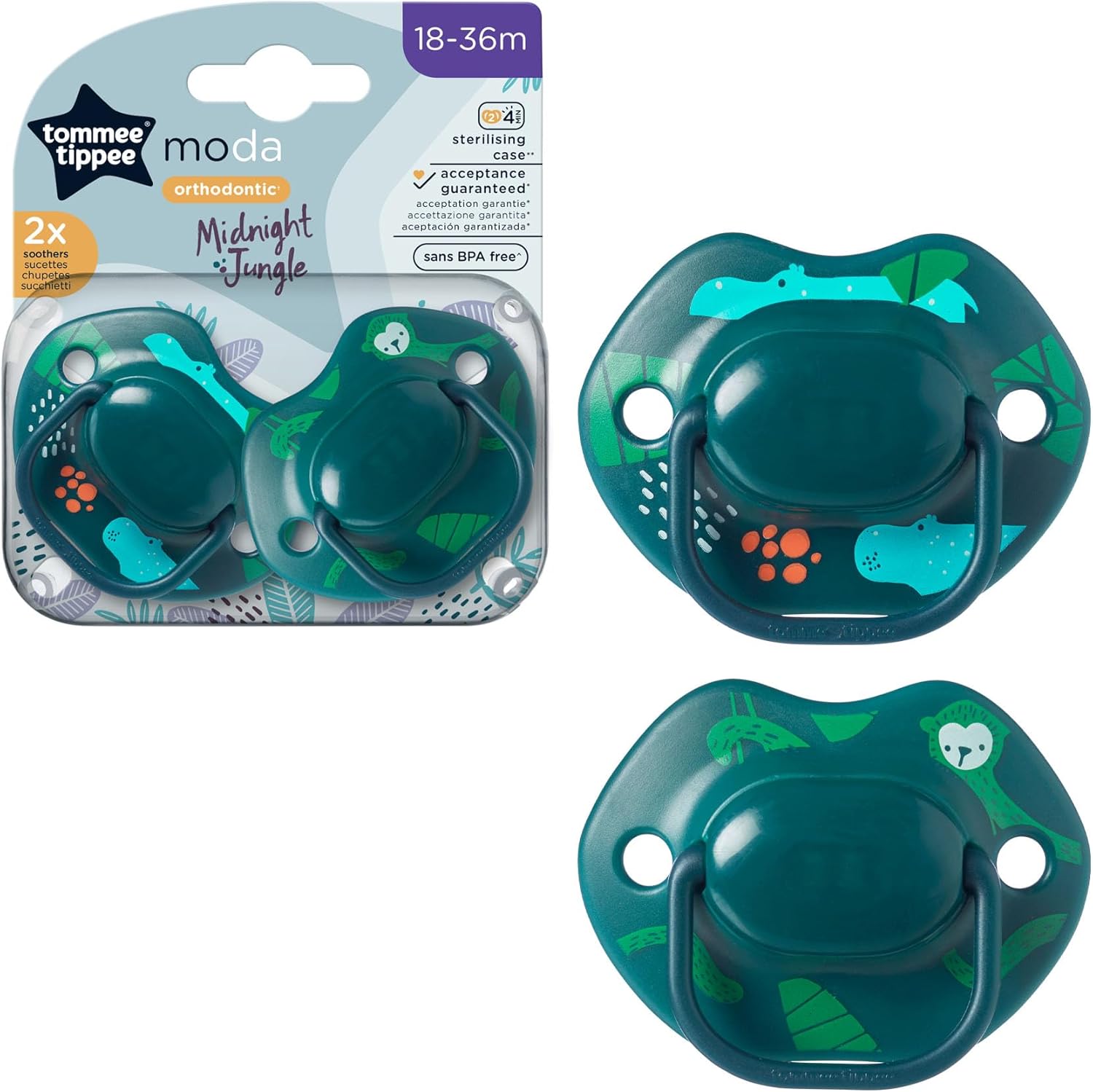 Tommee Tippee Moda orthodontic soothers 18-36 months Midnight Jungle teal green pack of two