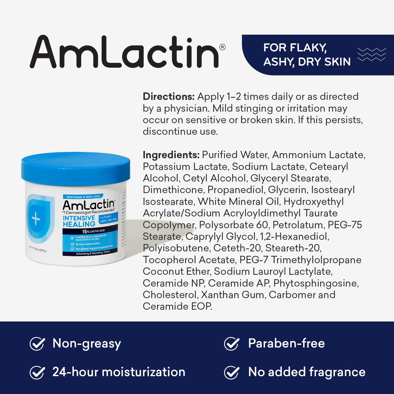 AmLactin Intensive Healing Body AHA Cream white jar with blue lid