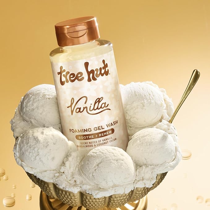 Tree Hut Vanilla Foaming Gel Body Wash, 18 fl oz bottle with copper cap