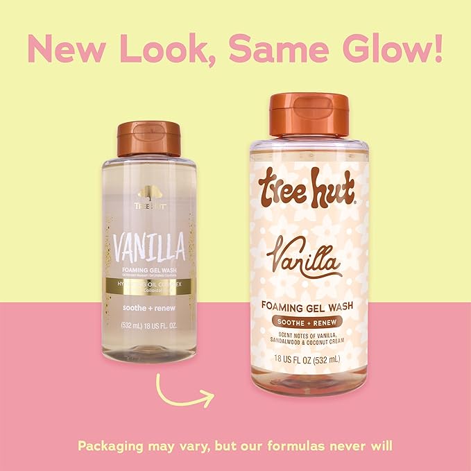 Tree Hut Vanilla Foaming Gel Body Wash, 18 fl oz bottle with copper lid