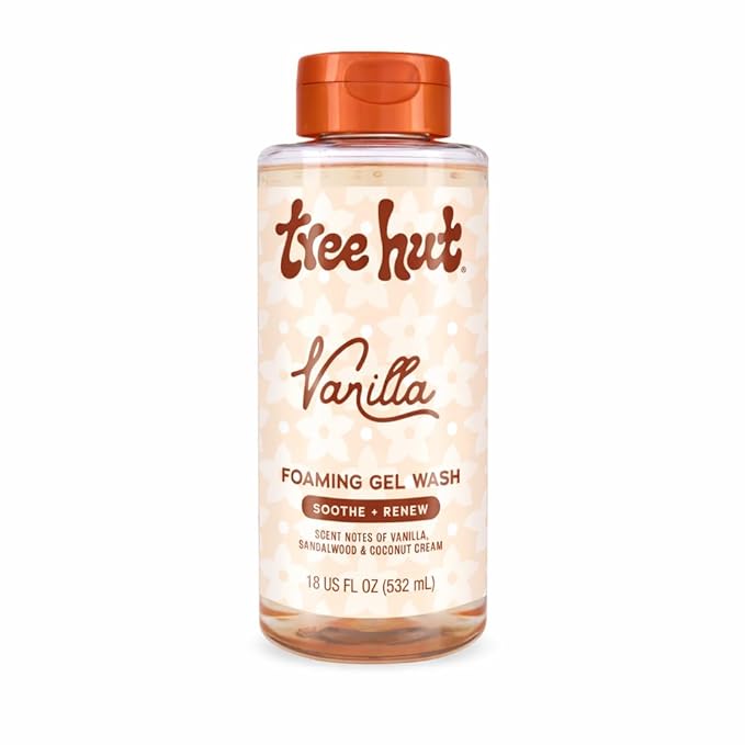 Tree Hut Vanilla Foaming Gel Body Wash, 18 fl oz bottle with orange cap