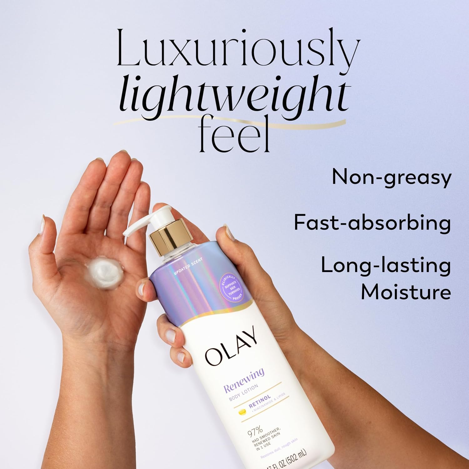 Olay Renewing Body Lotion with Retinol 502ml bottle, white and purple packaging