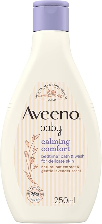 Aveeno Baby Calming Comfort Bedtime Bath and Wash 250ml bottle with purple cap