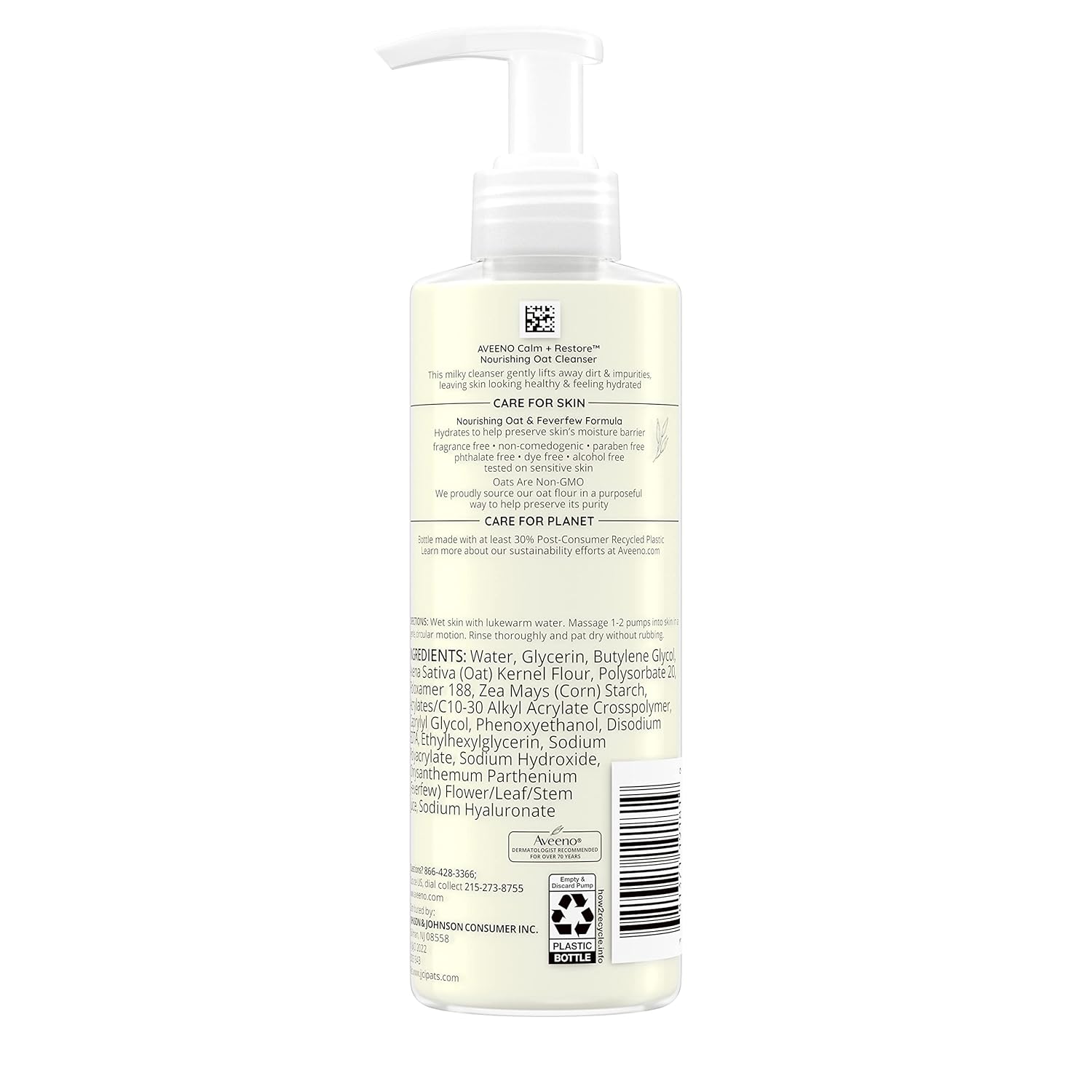Aveeno Calm + Restore Nourishing Oat Cleanser 232ml pump bottle, pale yellow