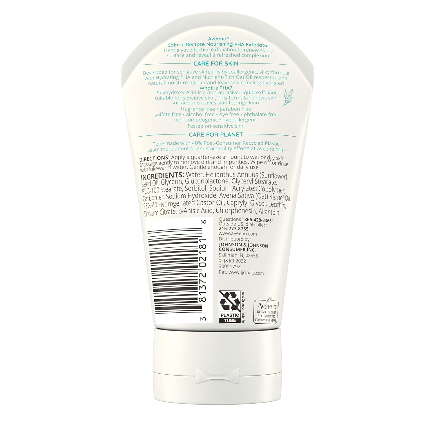 Aveeno Calm + Restore Nourishing PHA Exfoliator 118ml tube with white pump dispenser