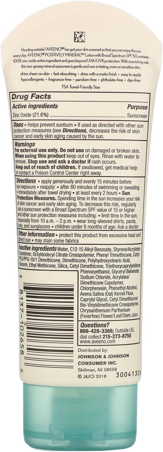 Aveeno Positively Mineral Sensitive Skin Sunscreen SPF 50, 88ml tube with turquoise base