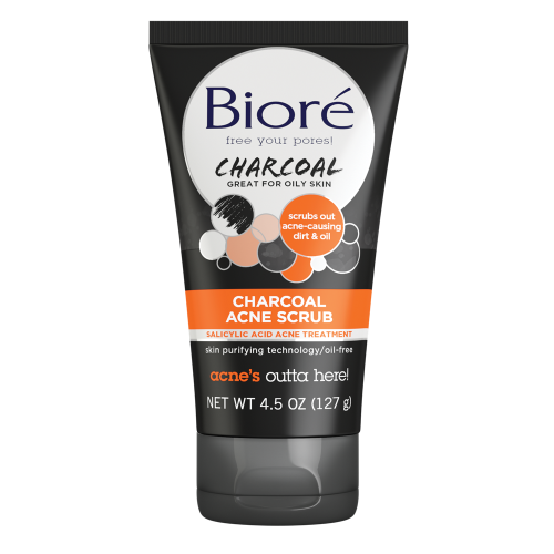 Bioré Charcoal Acne Scrub 4.5 oz black tube with orange label