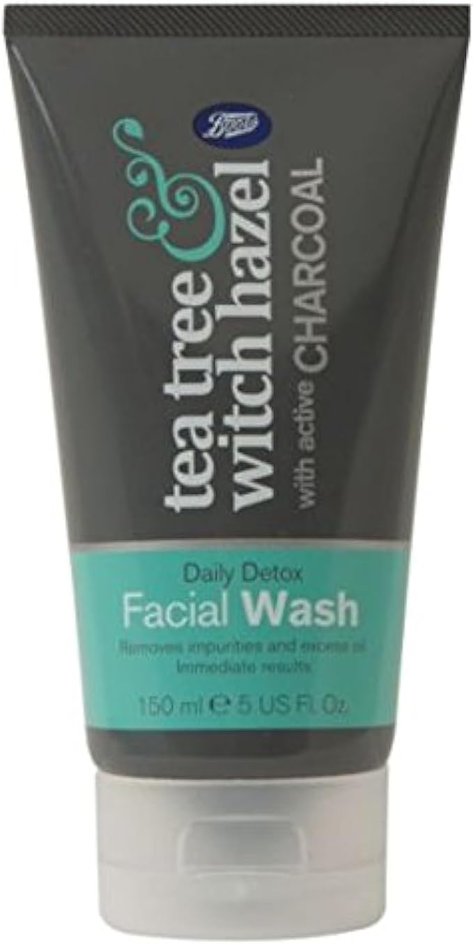 Boots Tea Tree Witch Hazel Charcoal Facial Wash 150ml grey tube with turquoise label