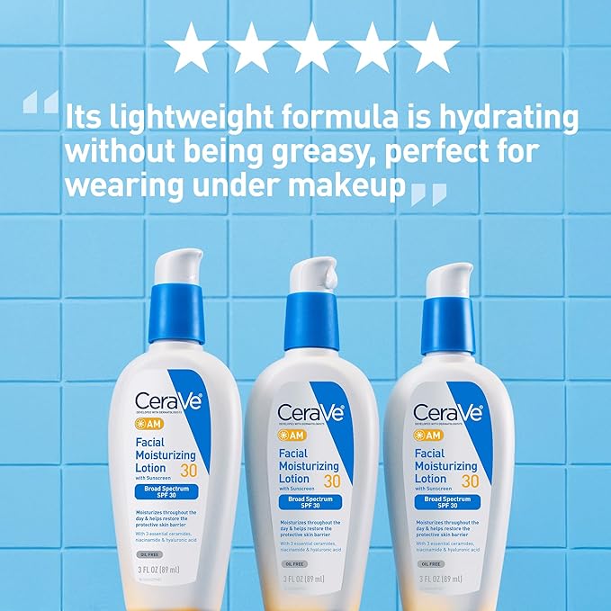 CeraVe AM Facial Moisturising Lotion SPF 30, 60ml bottle with blue pump dispenser
