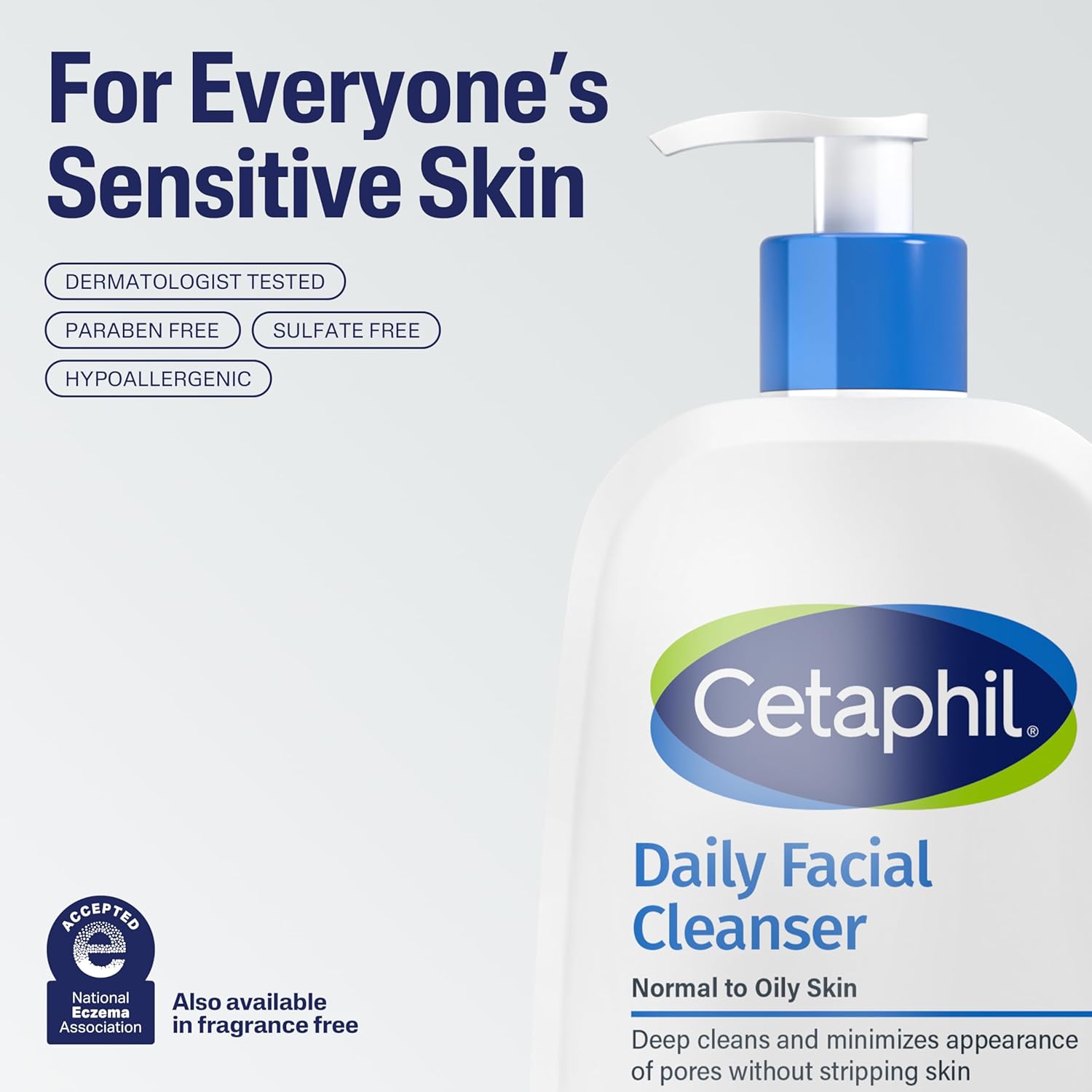 Cetaphil Daily Facial Cleanser 473ml bottle with pump dispenser, blue liquid formulation