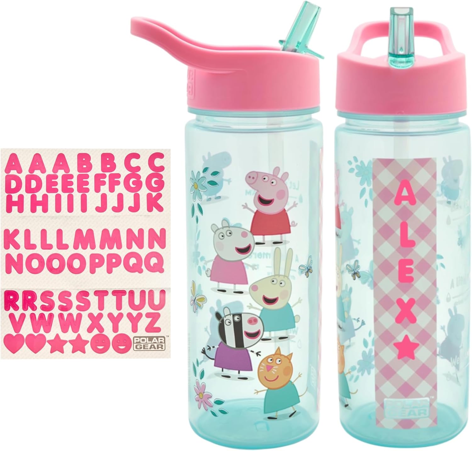 Peppa Pig Polar Gear 500ml personalised kids' water bottle pink and turquoise with stickers