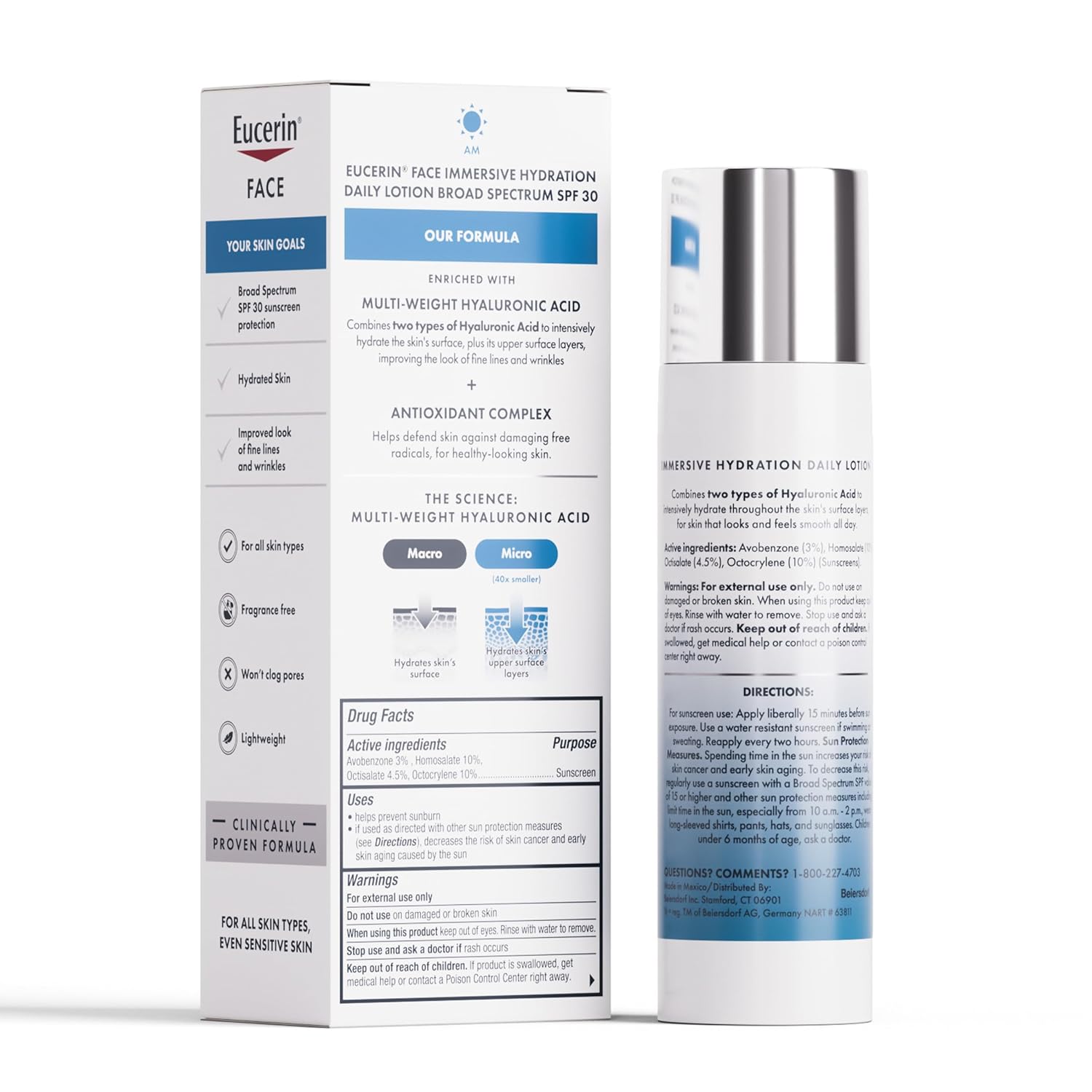 Eucerin Immersive Hydration Daily Lotion SPF 30 with hyaluronic acid, 2.5 fl oz bottle and packaging