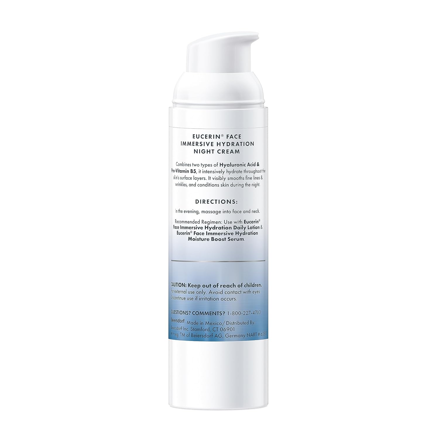Eucerin Immersive Hydration Face Night Cream 2.5oz pump bottle white