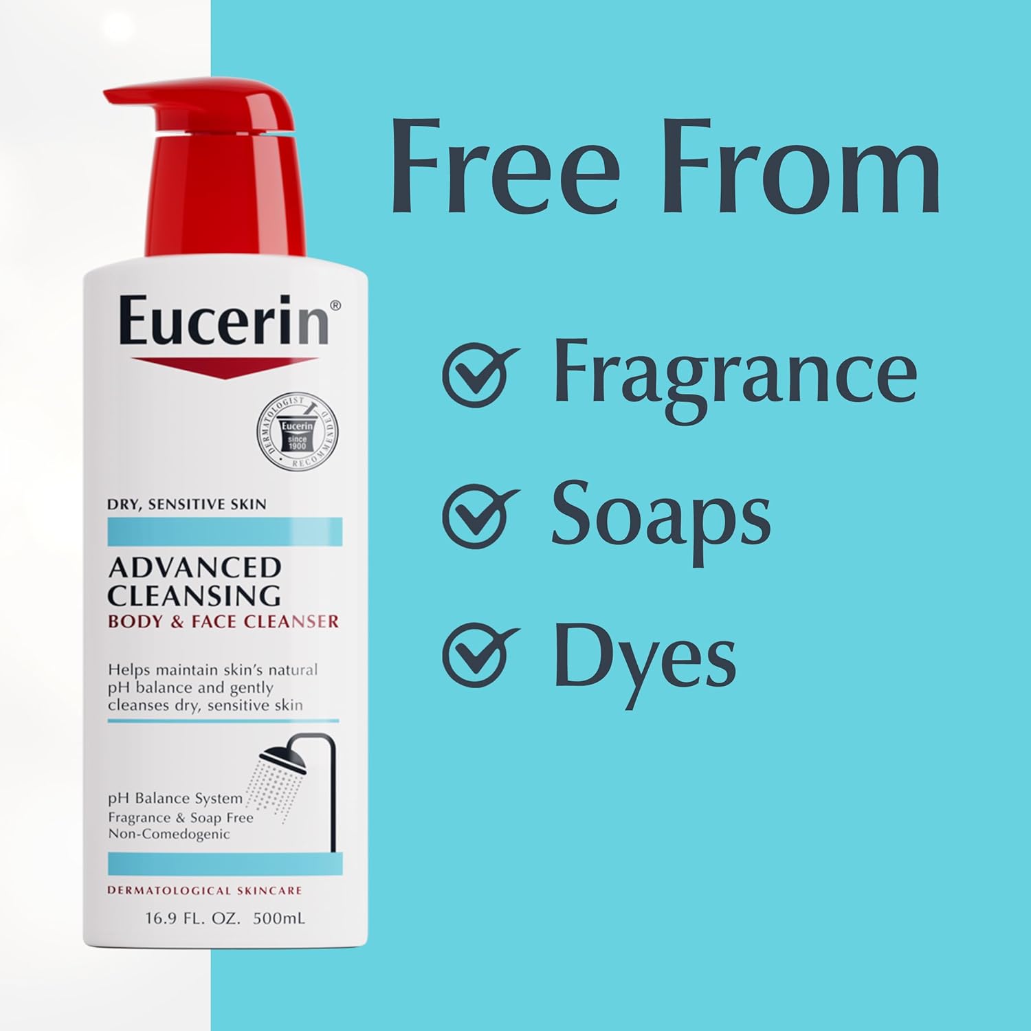 Eucerin Advanced Cleansing Body and Face Cleanser, 500ml pump bottle with red dispenser