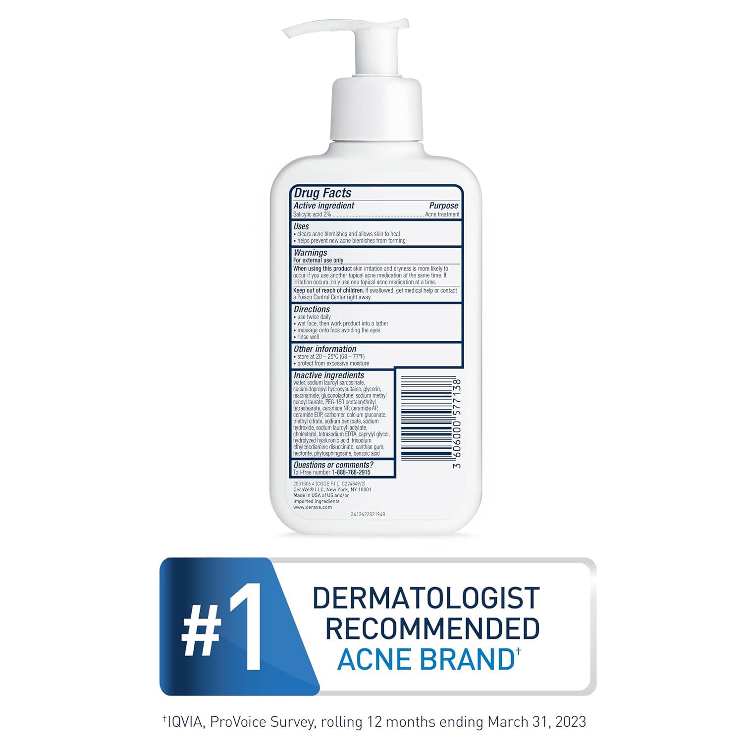 CeraVe Acne Control Cleanser 473 ml white pump bottle with salicylic acid